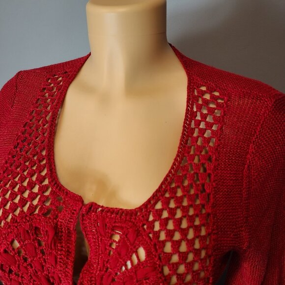 Vintage Jewel Red Parisian Open Knit Sweater Cottage Size Small Holiday Fairy - Picture 3 of 10
